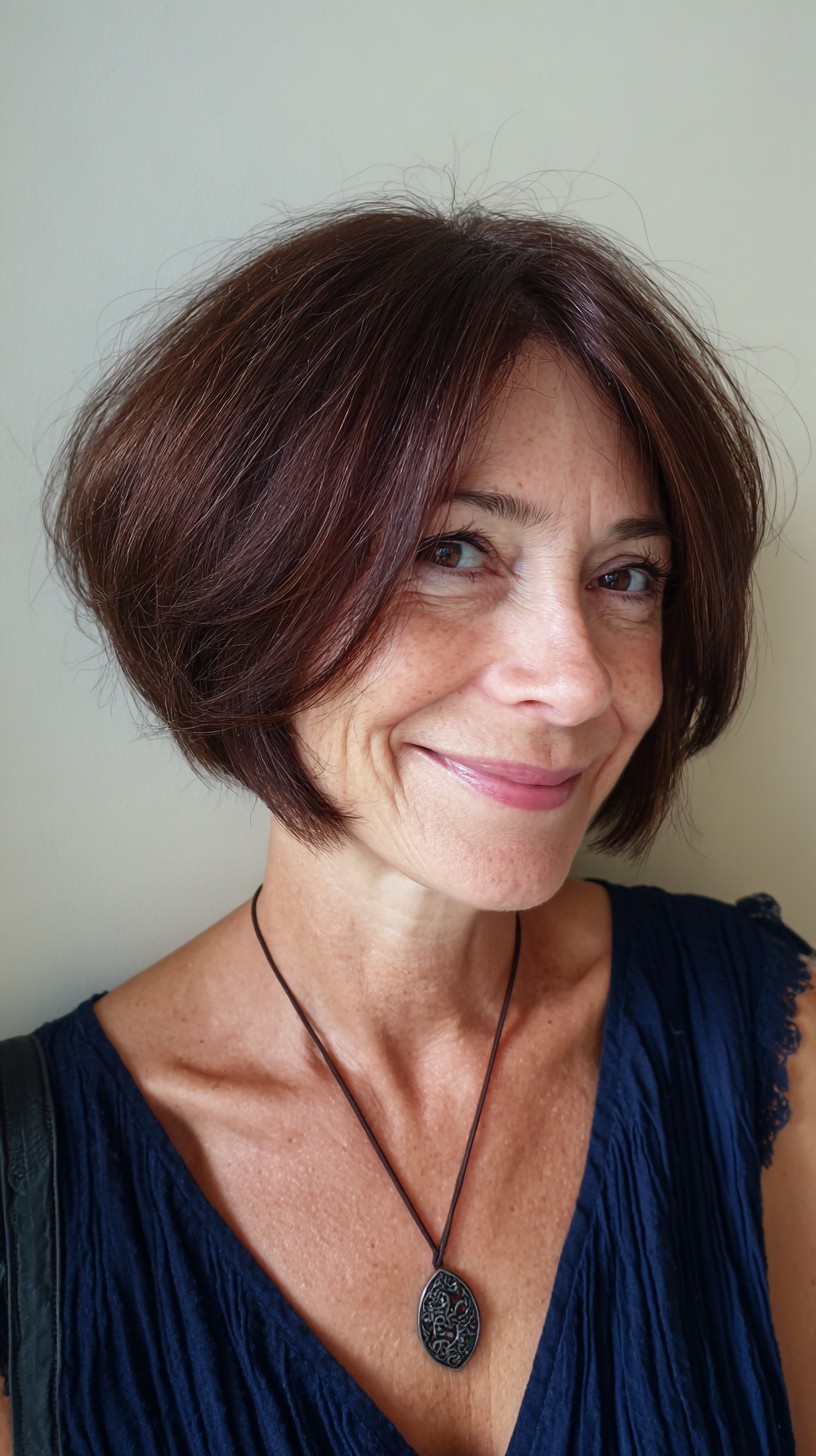 Rich Chestnut Rounded Bob with Soft Bangs