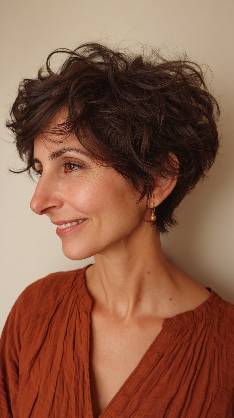 Rich Chestnut Tousled Pixie with Soft Textures