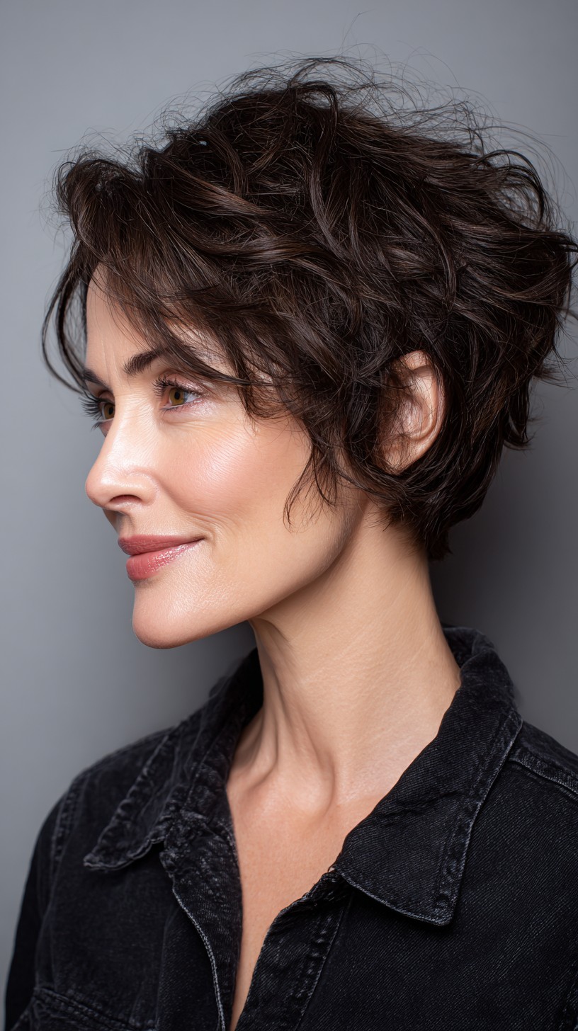 Rich Espresso Voluminous Pixie with Natural Curls