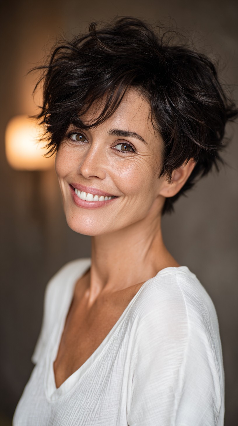 Vibrant Ebony Tousled Pixie with Playful Fringe