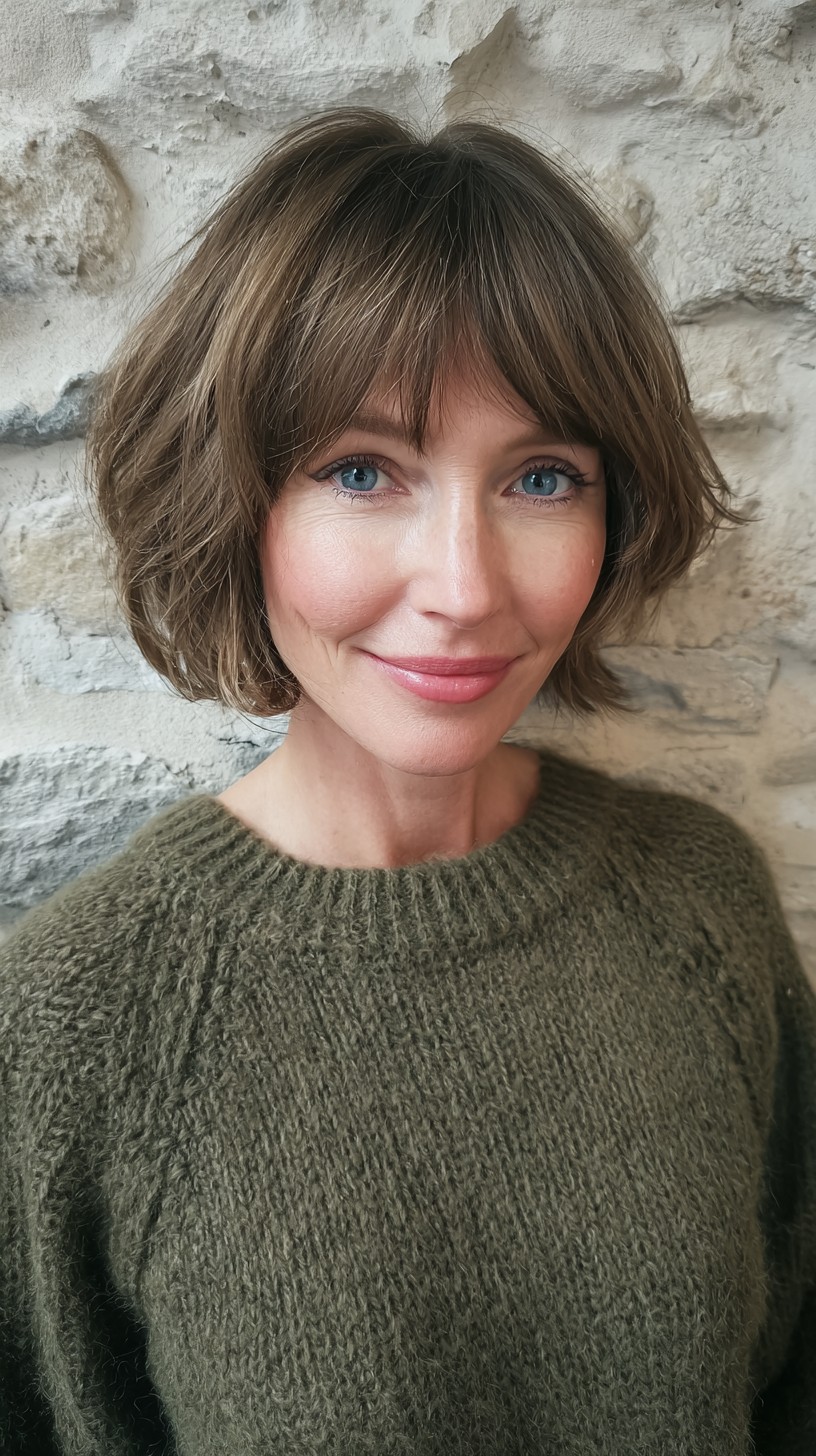 Charming Ash-Brown Bob with Textured Bangs