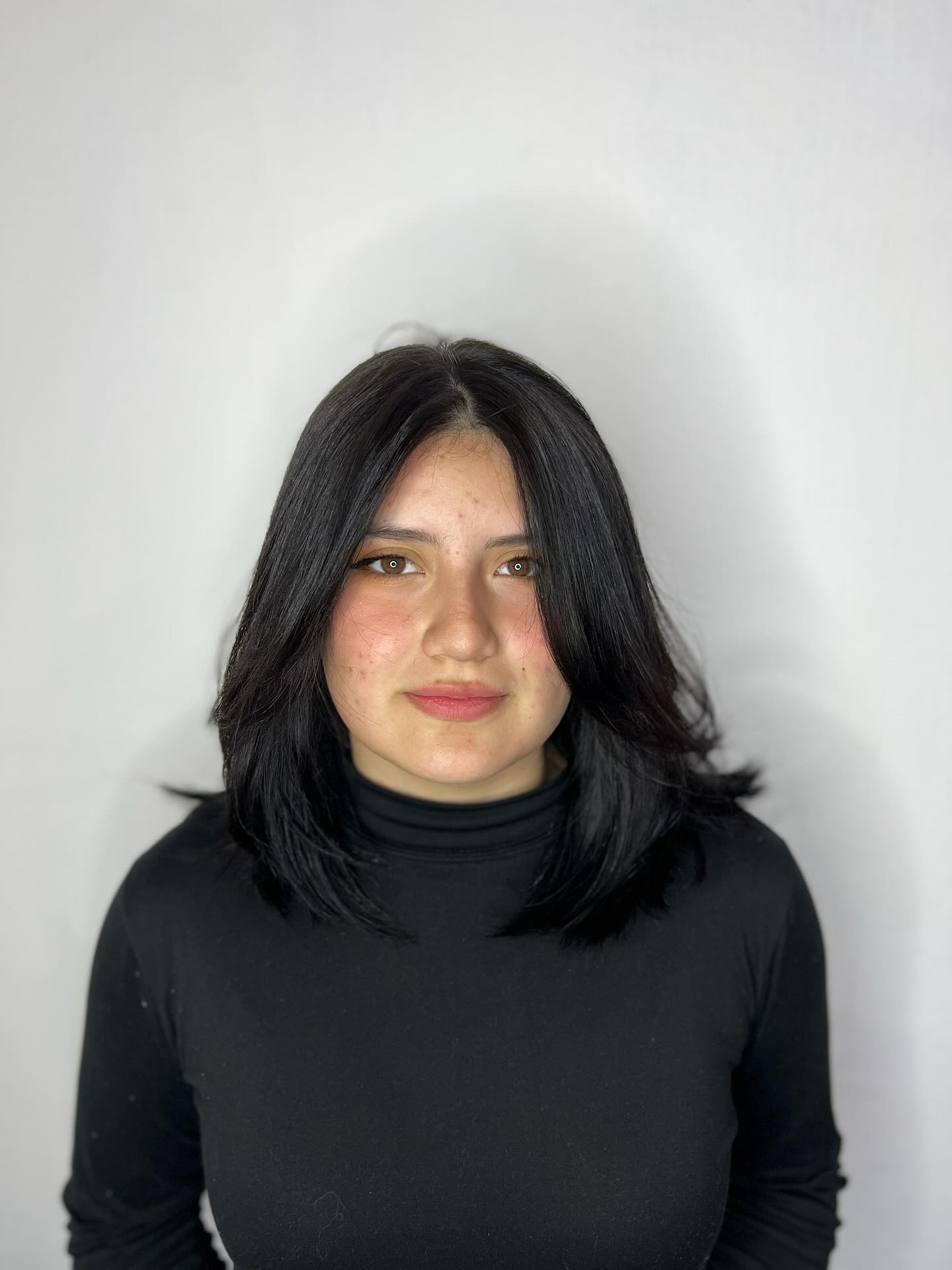 Deep Midnight Lob with Integrated Curtain Bangs