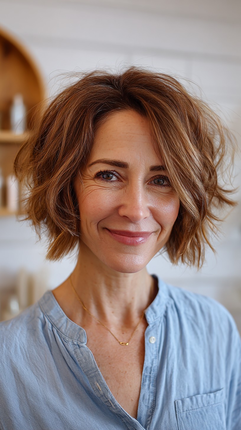 Effervescent Cinnamon Wavy Bob with Subtle Highlights