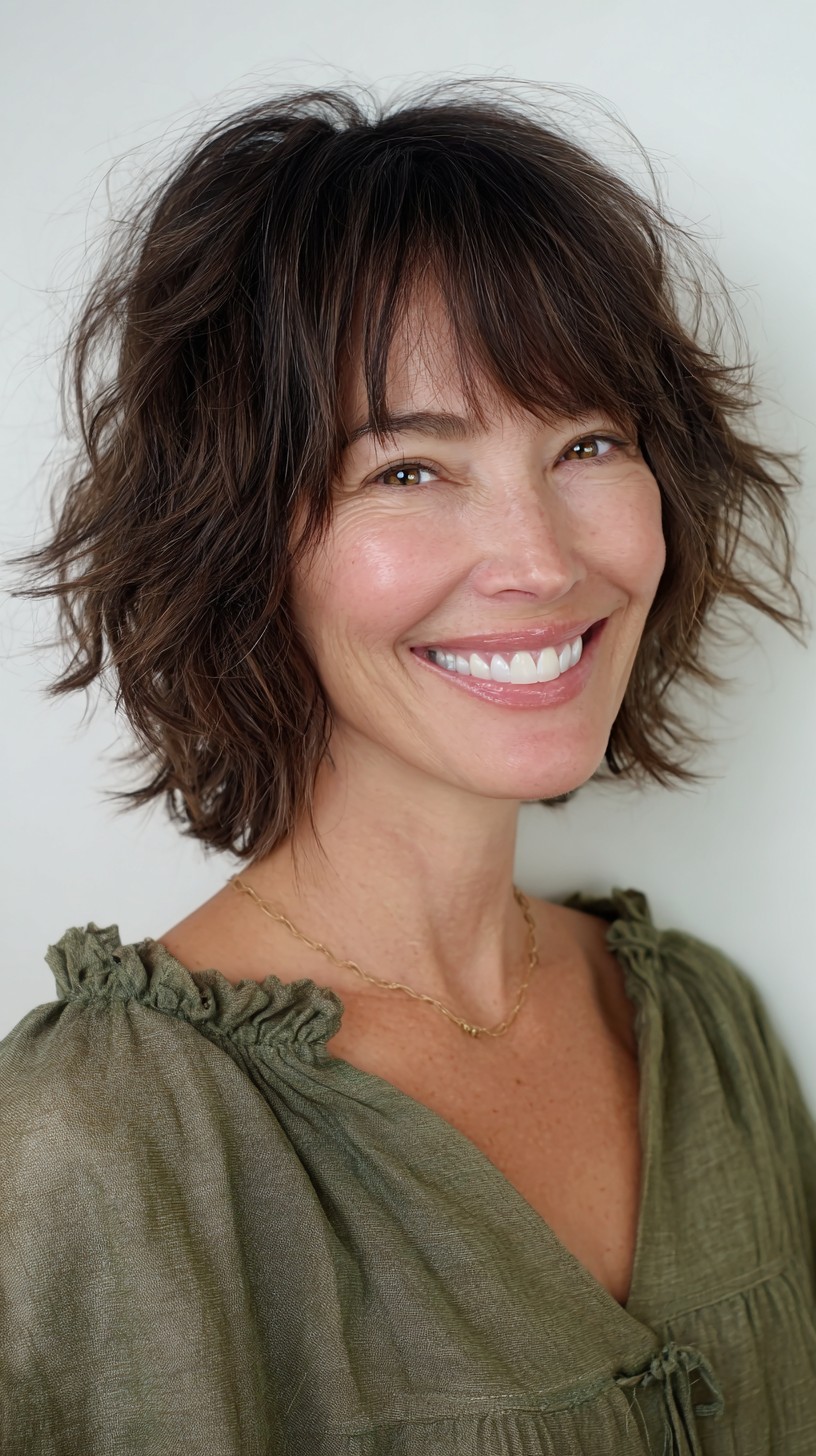 Effortless Chestnut Waves with Soft Bangs