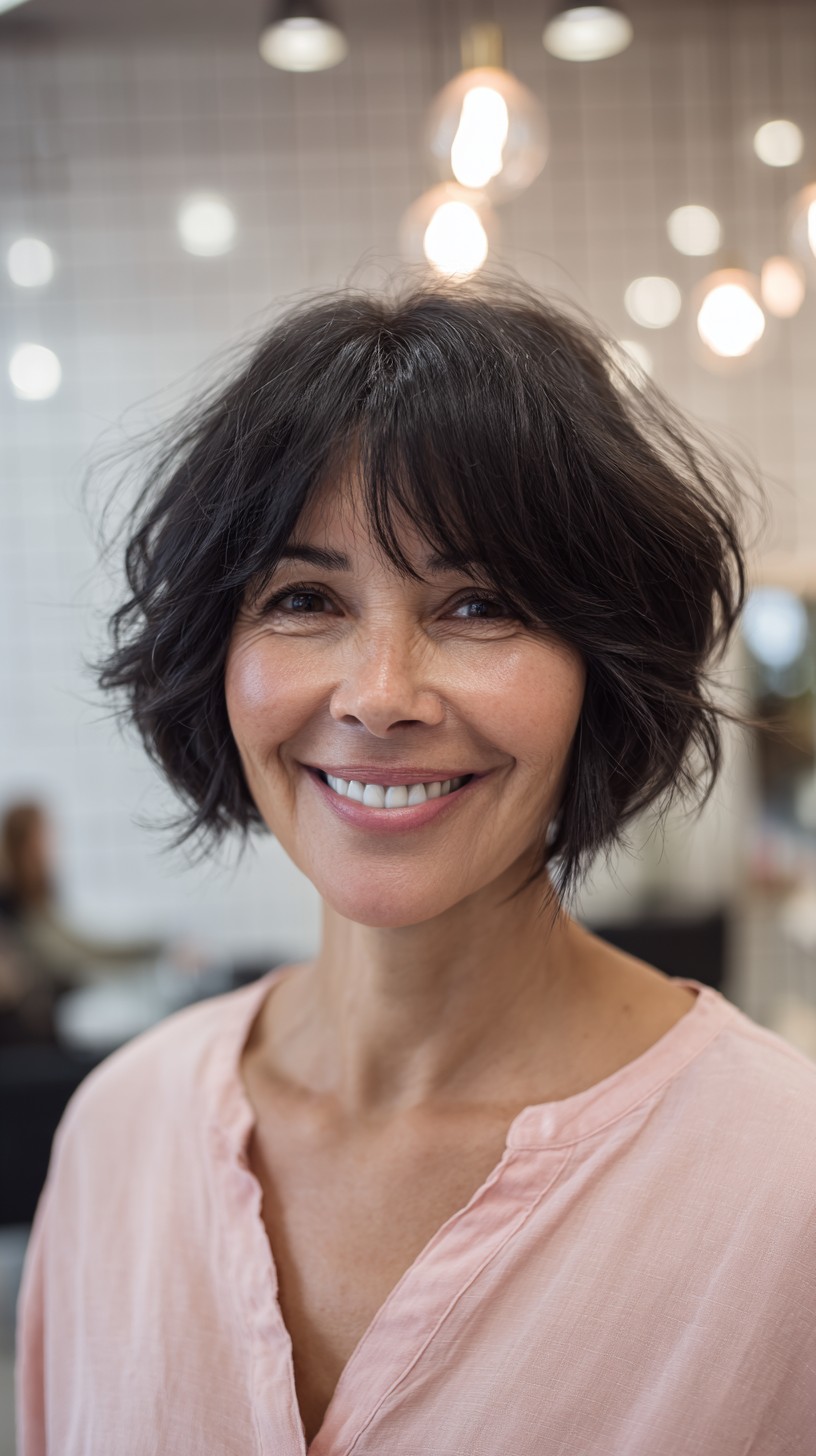 Effortless Deep Black Wavy Bob with Bangs