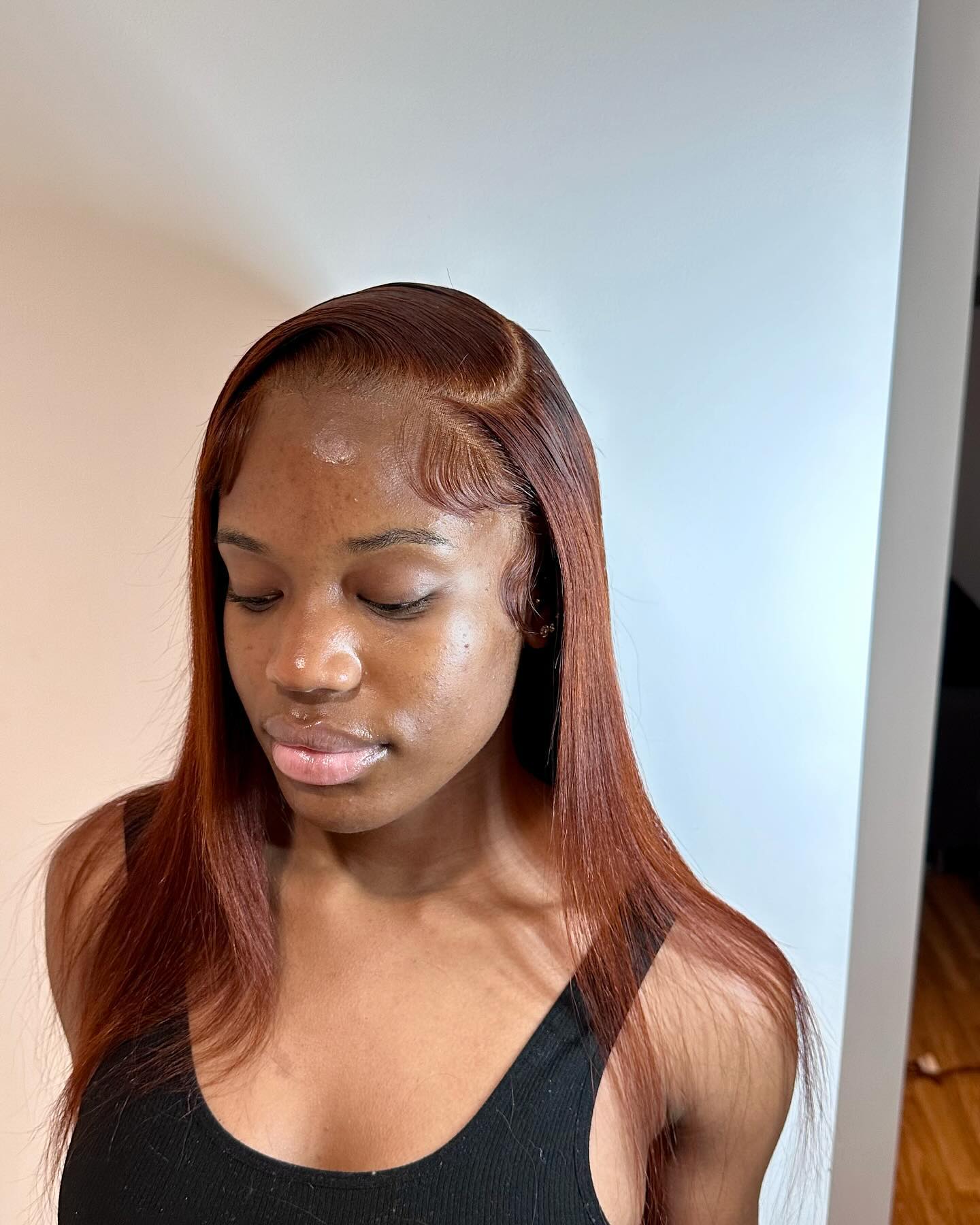 Glossy Auburn Straight Hair with Soft Side Swept Bangs