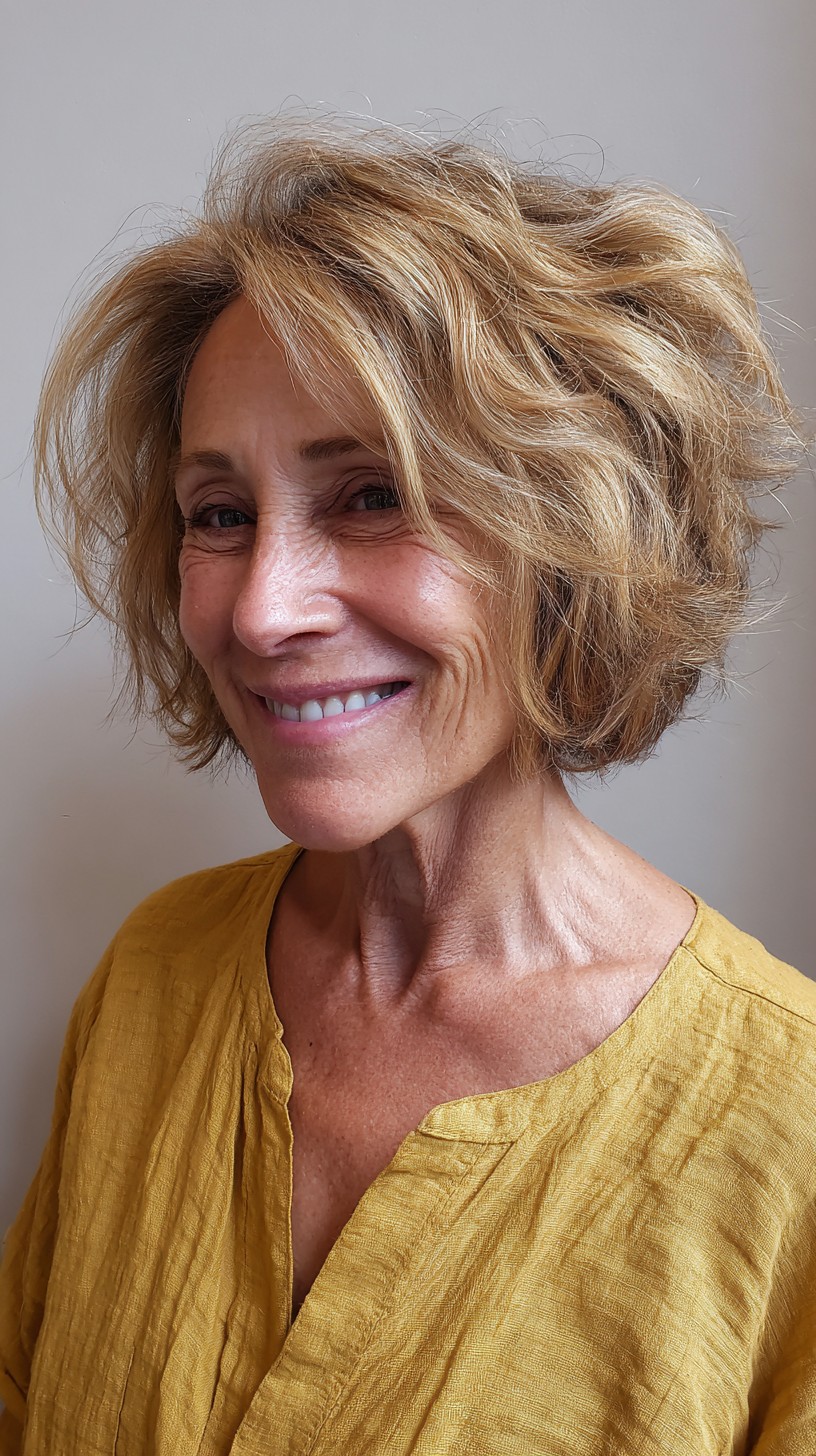 Lively Golden Tousled Bob with Subtle Highlights