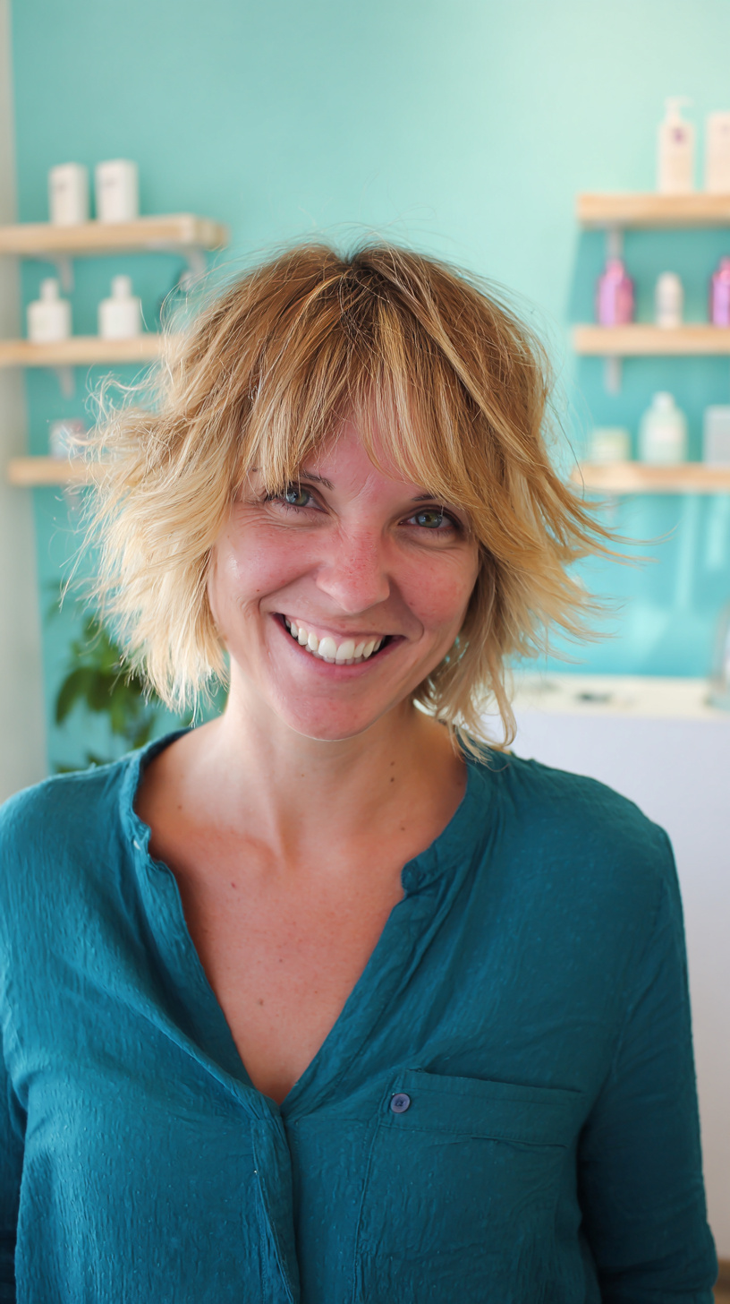 Playful Blonde Textured Bob with Light Fringe