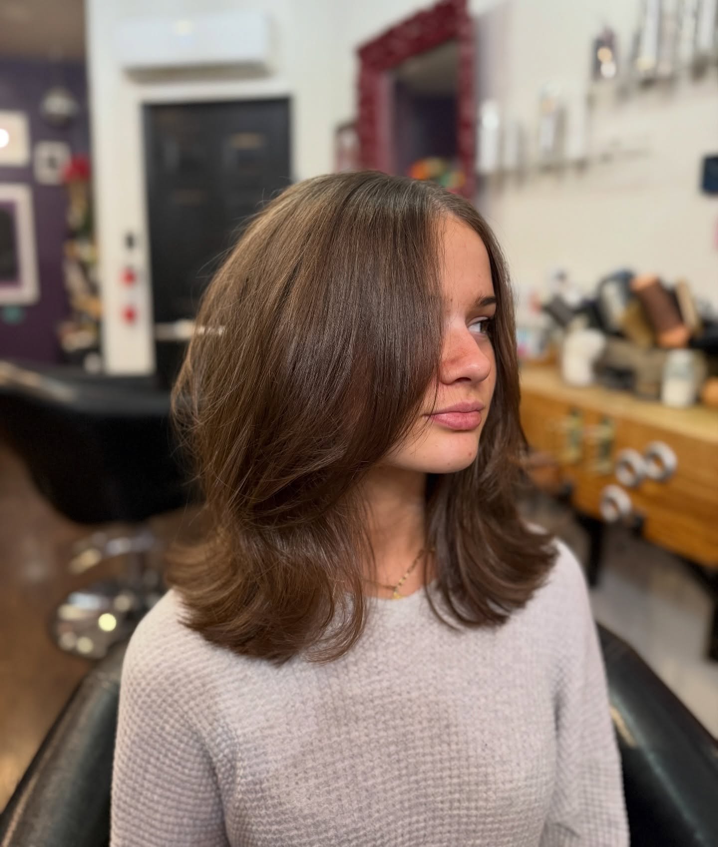 Subtly Tousled Chestnut Lob with Gentle Curtain Bangs