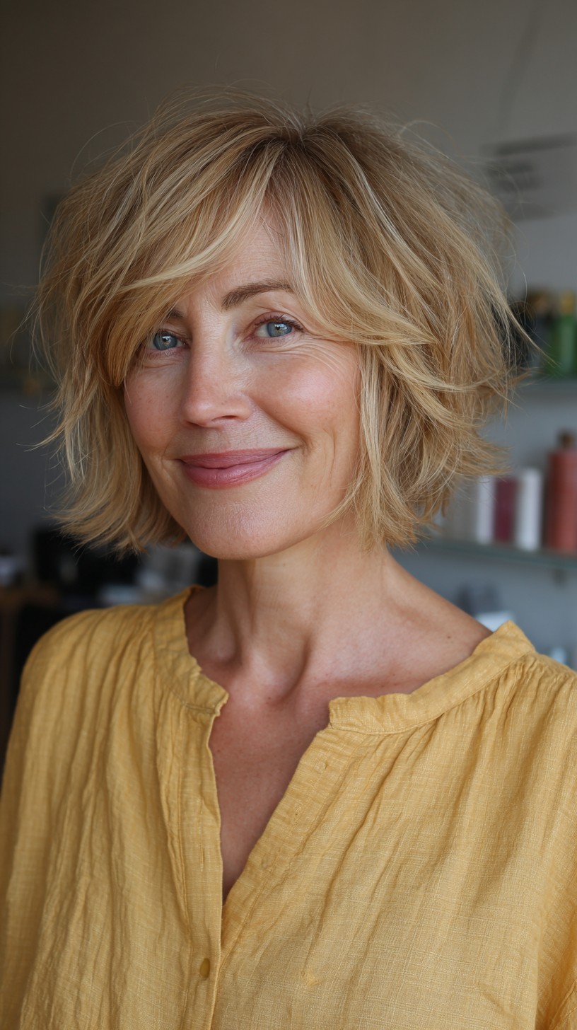 Sunny Golden Layered Bob with Wispy Edges