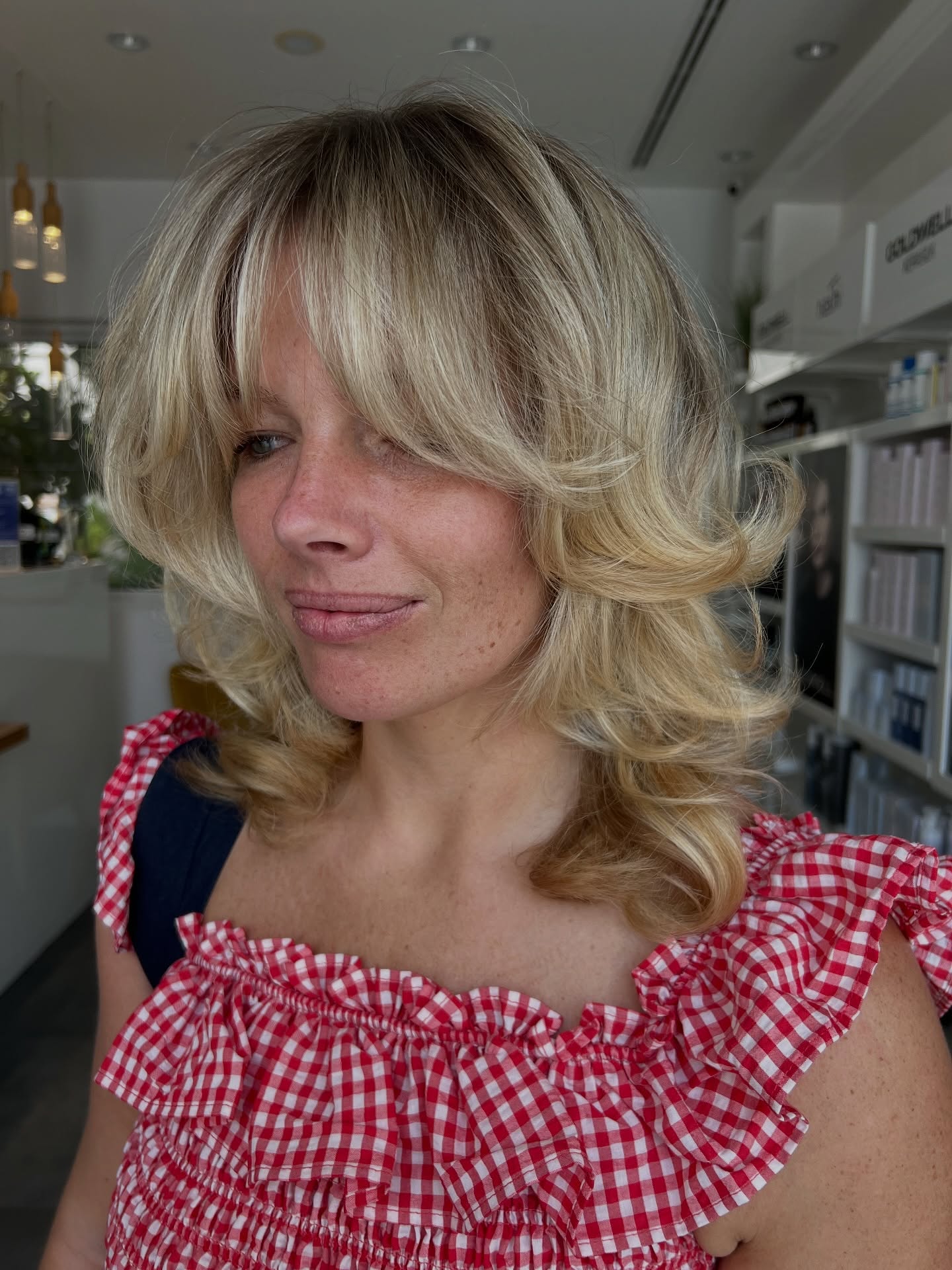 Textured Golden Lob with Soft Feathered Bangs