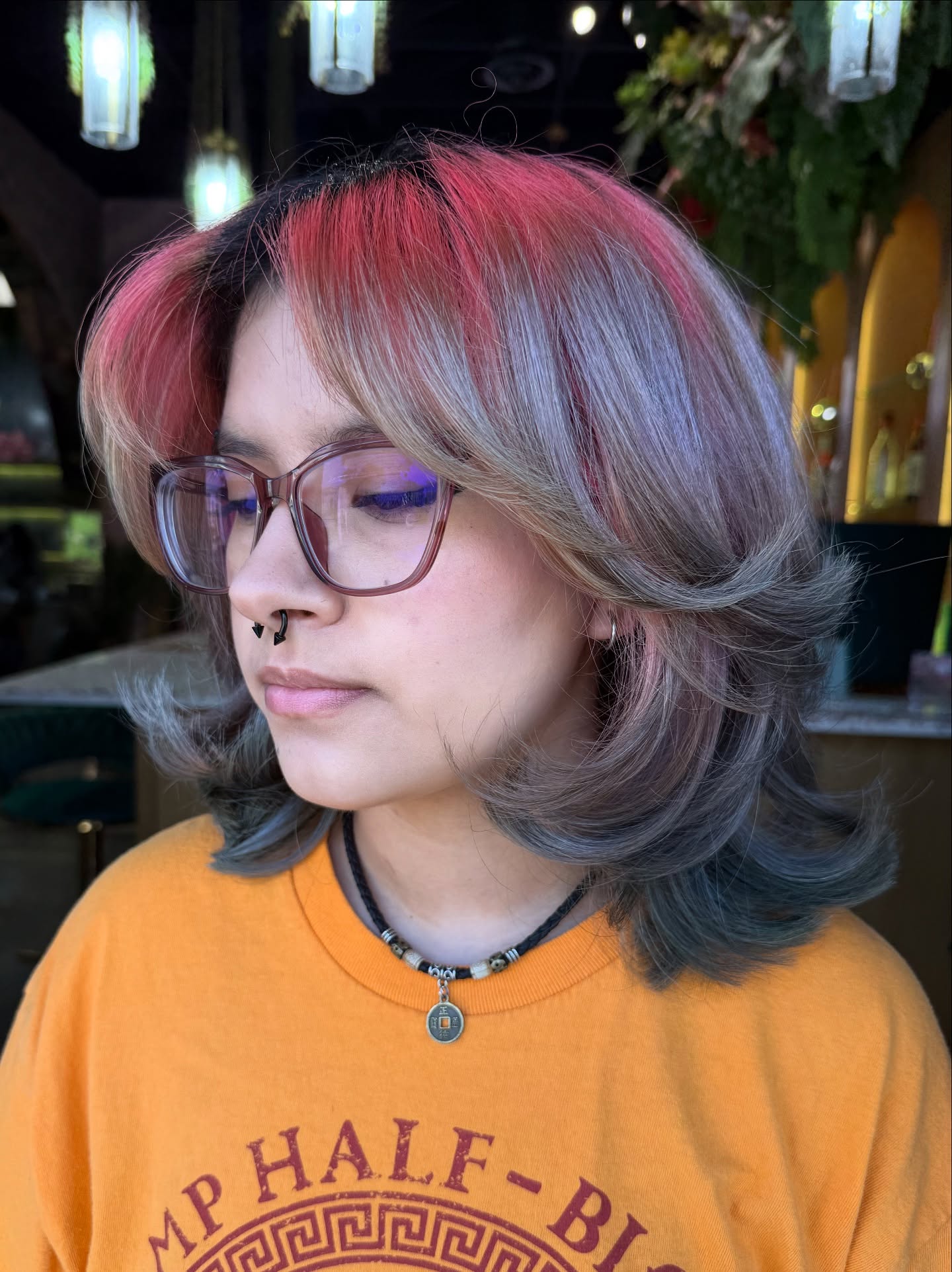 Vibrant Red and Ash Gray Lob with Curtain Bangs
