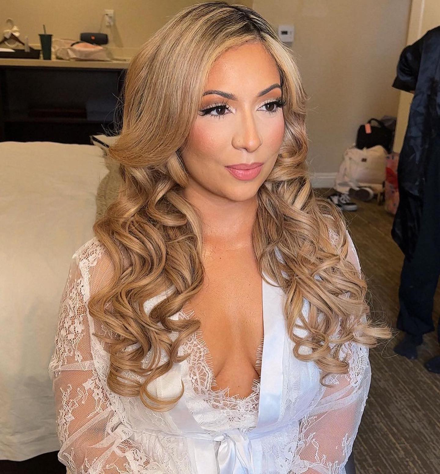 Champagne Blonde Waves with Glamorous Curls