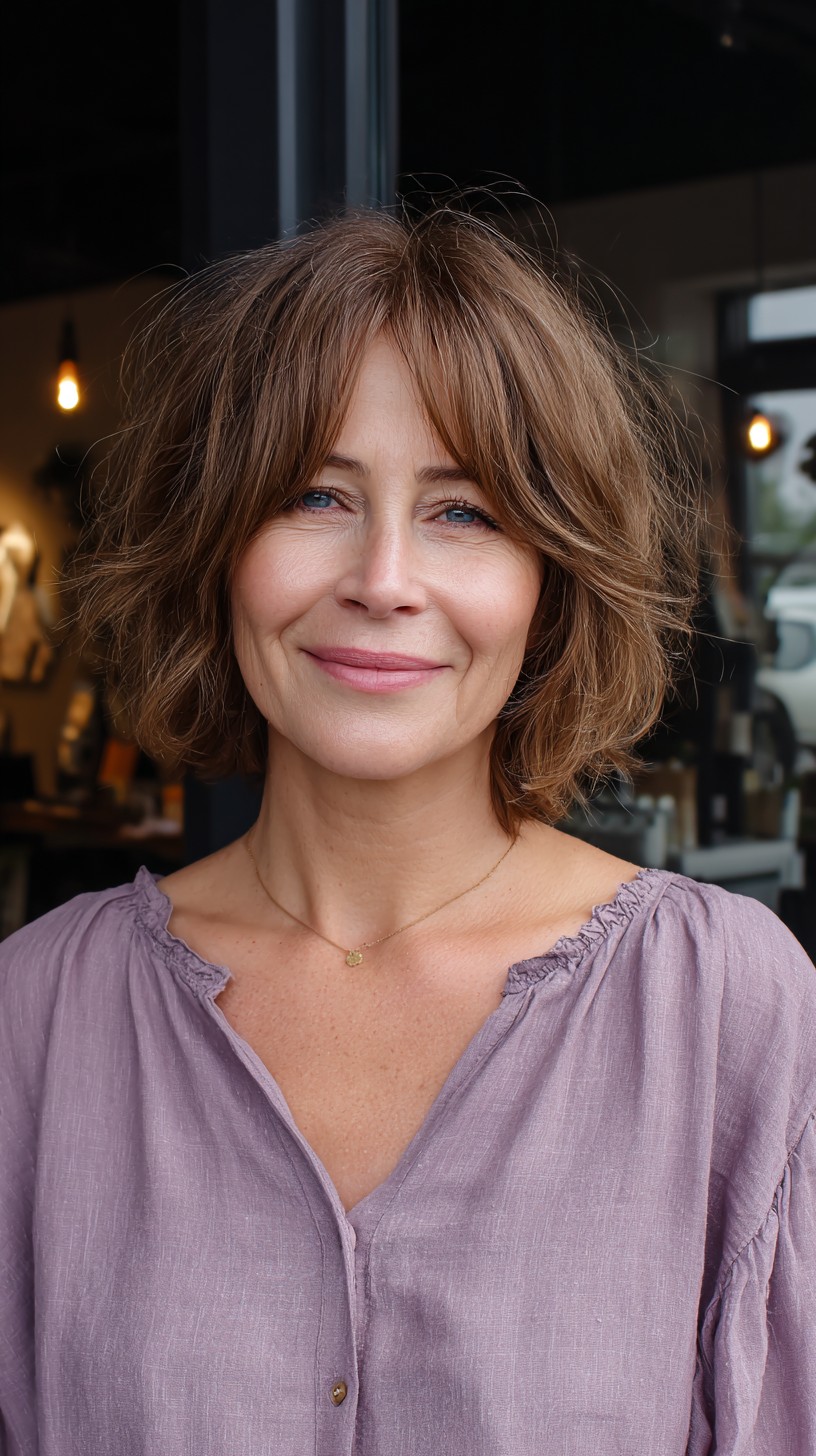 Charming Chestnut Layered Bob with Natural Curtain Bangs