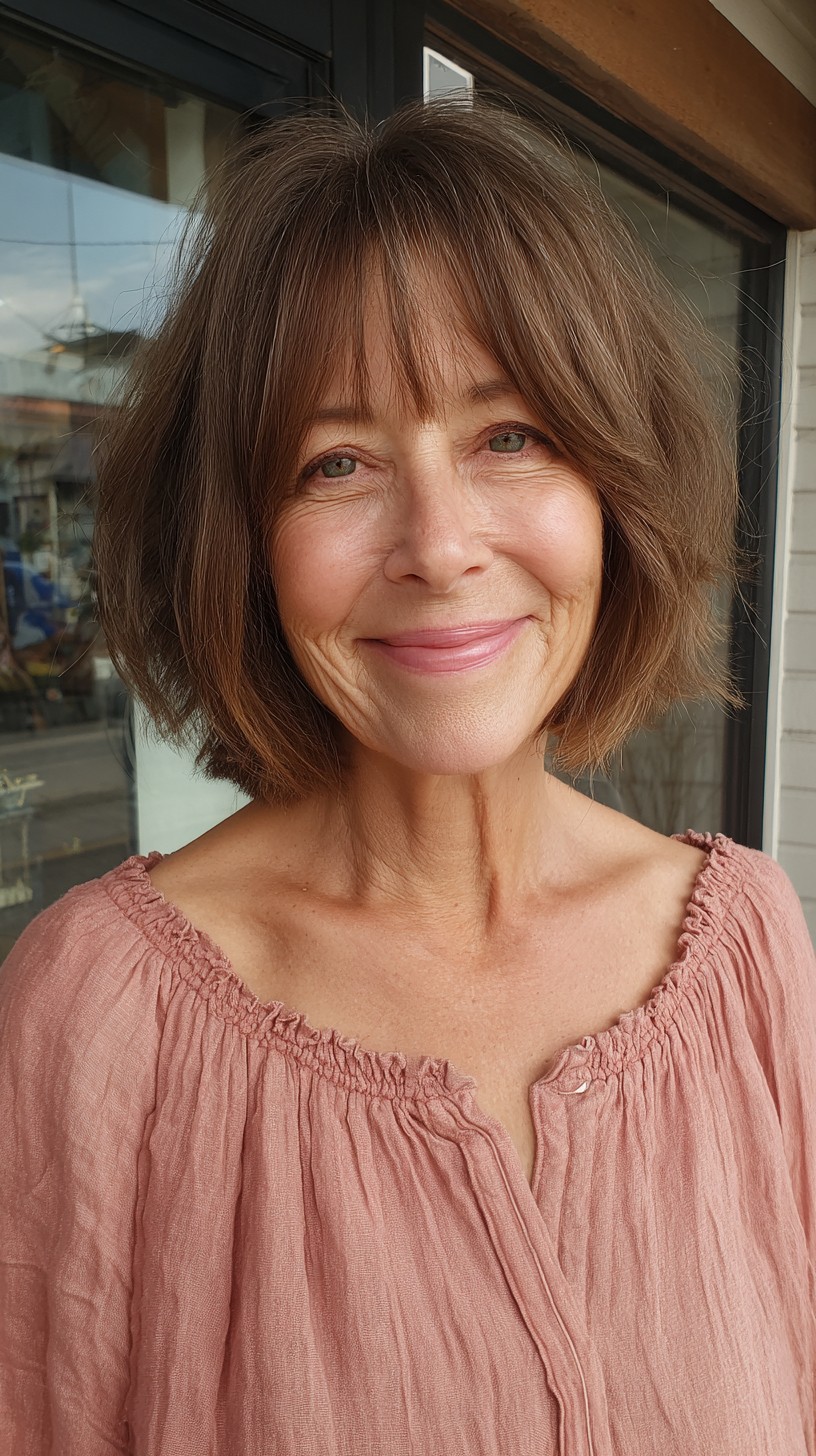Charming Mocha Toned Bob with Layered Curtain Bangs