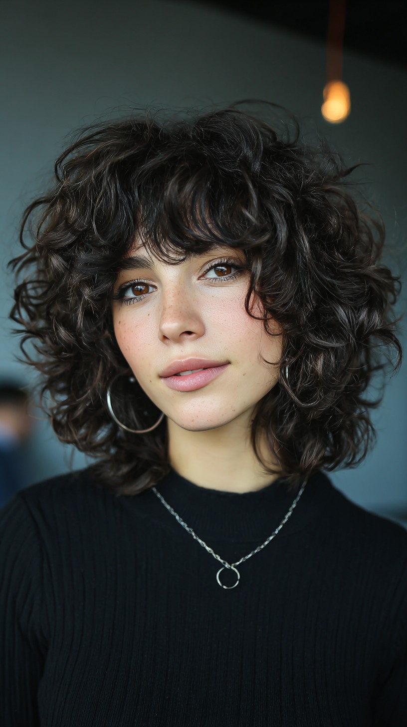 Chic Chestnut Curls with Defined Fringe