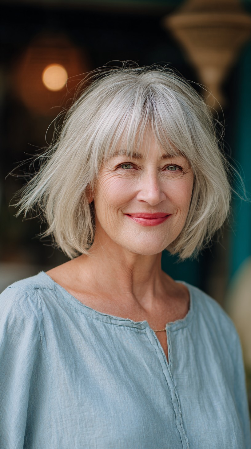 Chic Silver Bob with Textured Bangs and Wispy Ends