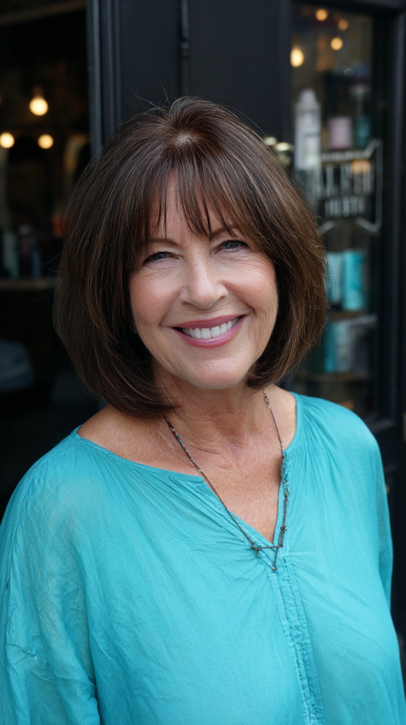 Classic Chestnut Bob with Subtle Wispy Bangs