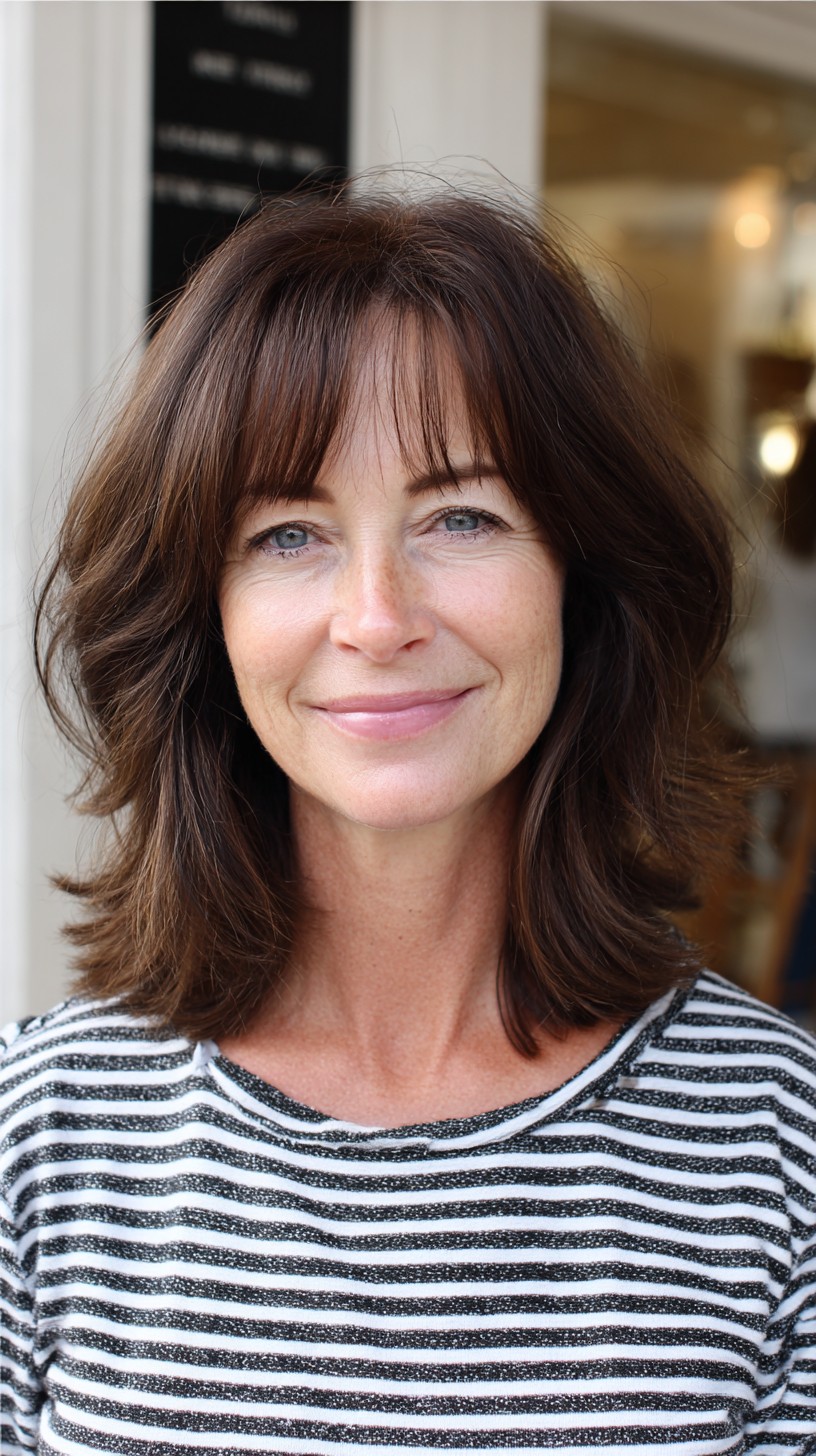 Classic Chestnut Bob with Swooping Curtain Bangs