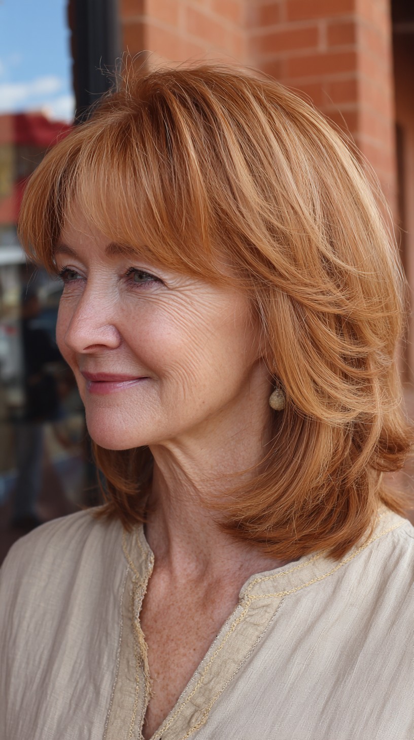 Copper Glow Mid-Length Waves with Whimsical Wispy Bangs