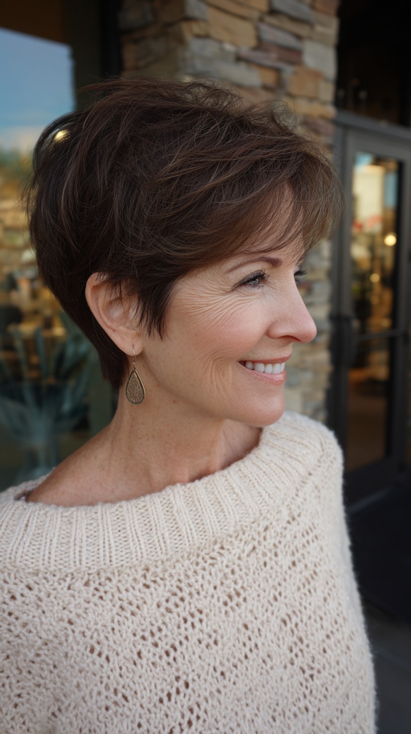 Deep Chocolate Layered Pixie with Natural Volume