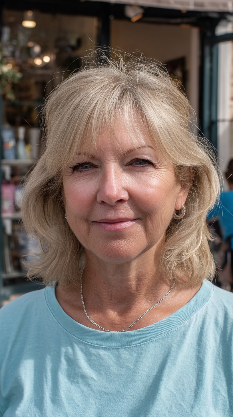Effortless Light Blonde Layered Cut with Wispy Bangs for Seniors