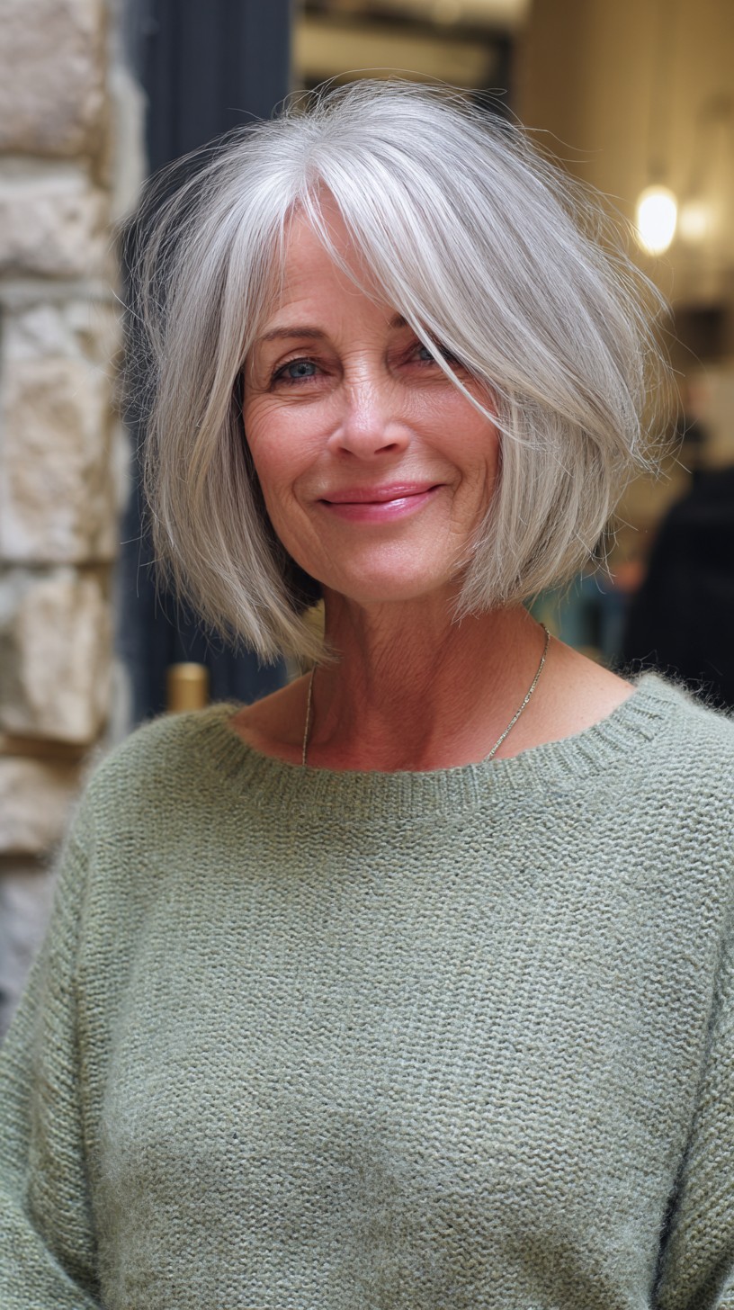 Effortless Silver Layered Bob with Soft Fringe