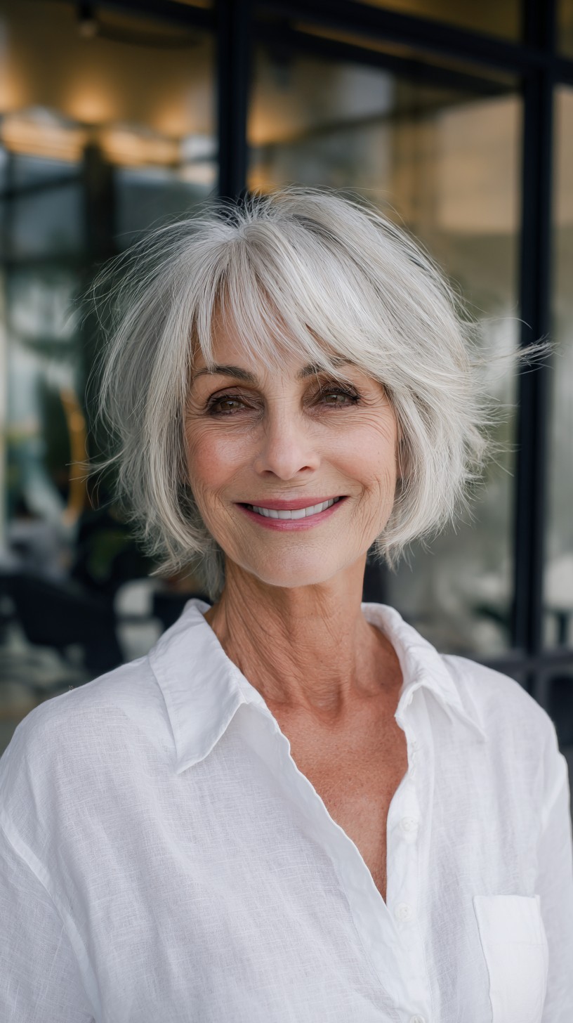 Effortless Silver Layers with Feathered Bangs
