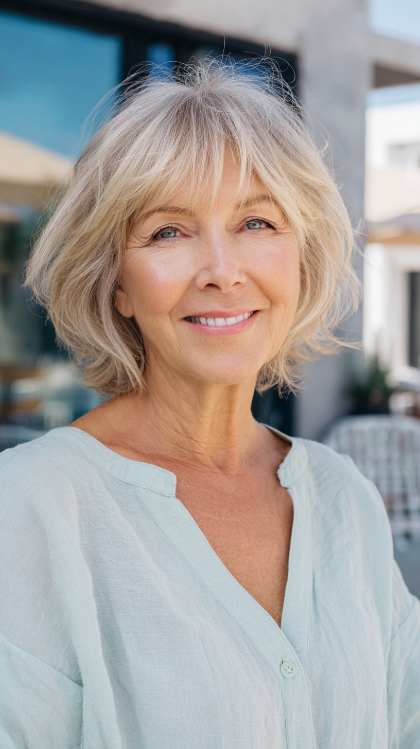 Elegant Ash Blonde Bob with Flowing Wispy Bangs