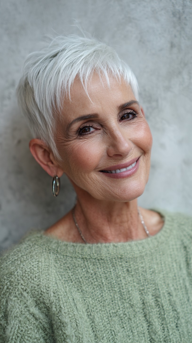 Elegant Icy White Feathered Pixie for Mature Hair