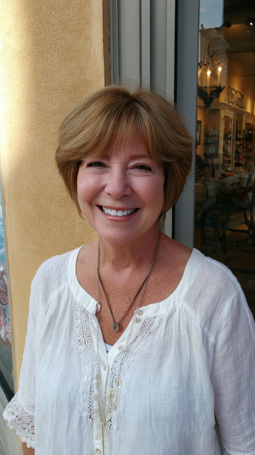 Golden Blonde Layered Bob with Light Wispy Bangs