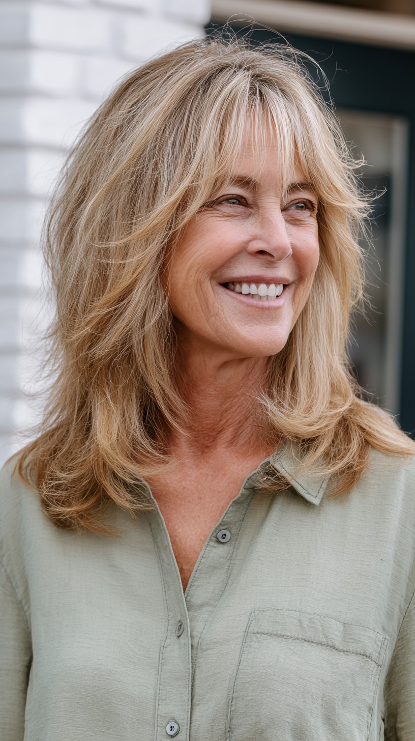 Golden Tousled Layers with Naturalistic Wispy Bangs