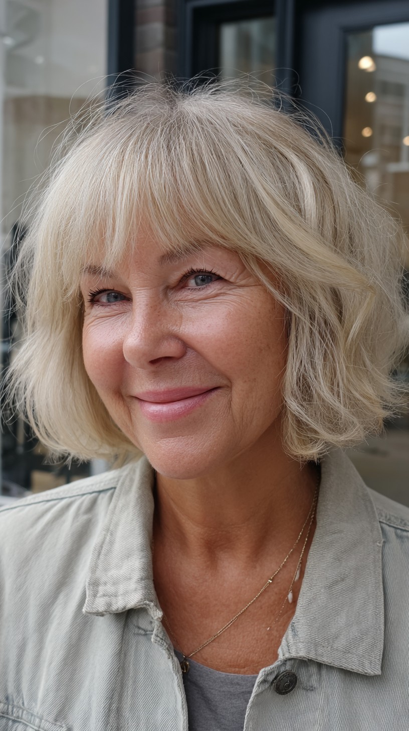Luxurious Ash Blonde Bob with Flowing Curtain Bangs