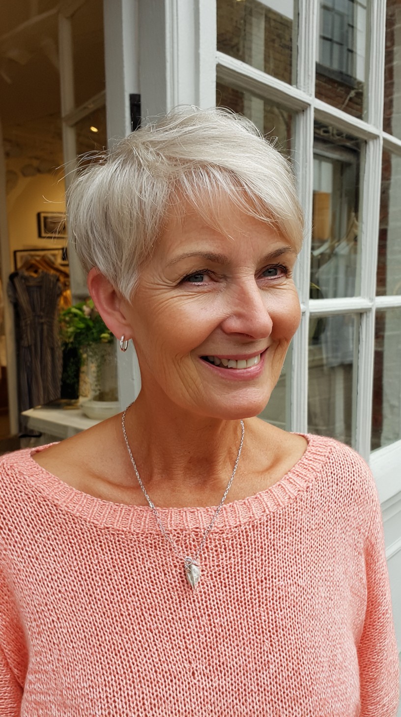Pristine Platinum Textured Pixie with Gentle Waves