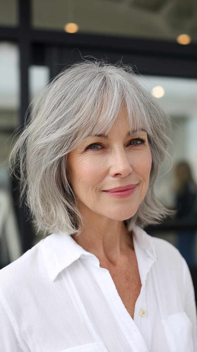 Refined Silver Layered Bob with Airy Curtain Bangs