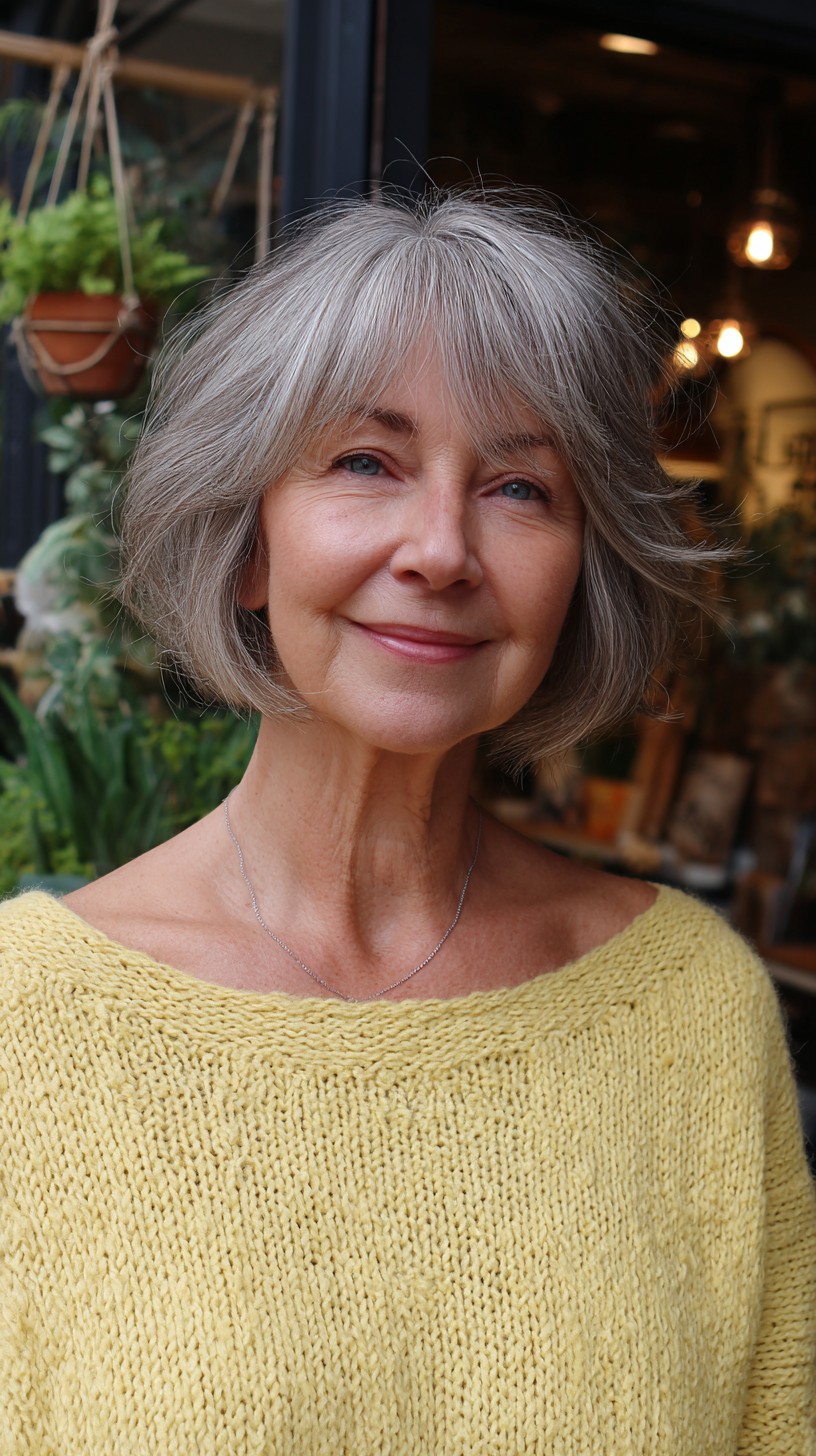 Silver Elegance Bob with Feathered Curtain Bangs