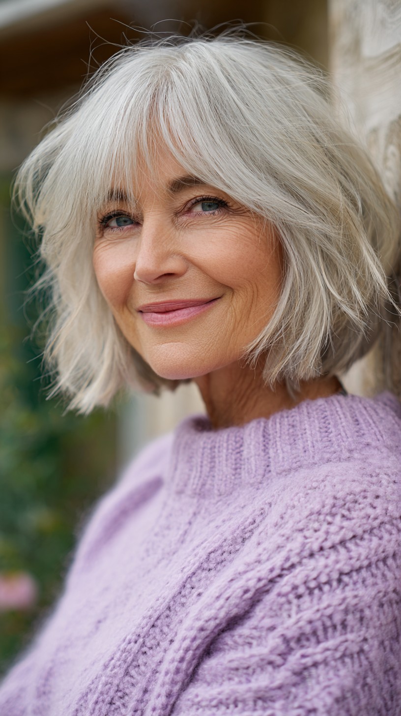 Silver Luminosity Textured Bob with Curtain Fringe