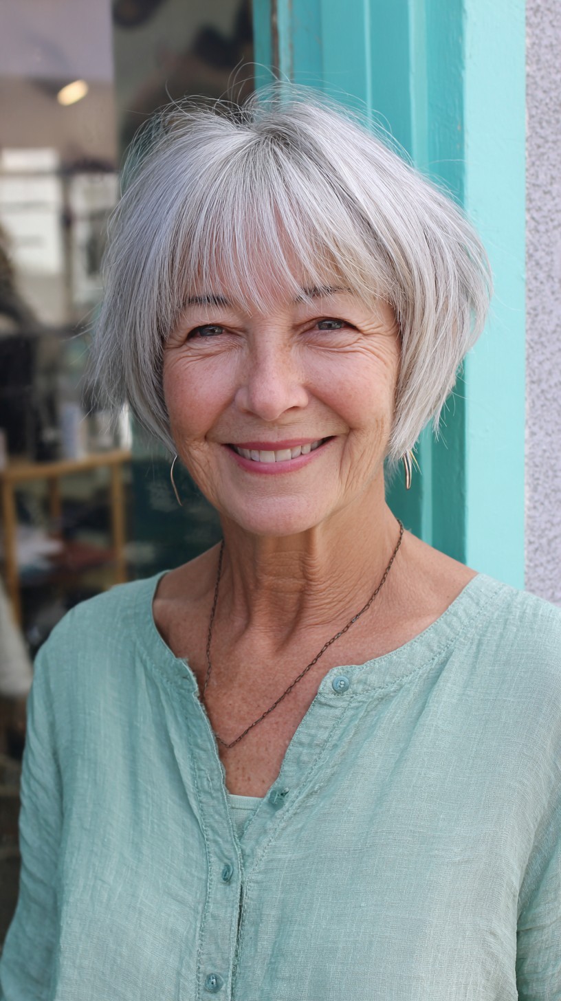 Silver Sleek Bob with Wispy Curtain Bangs