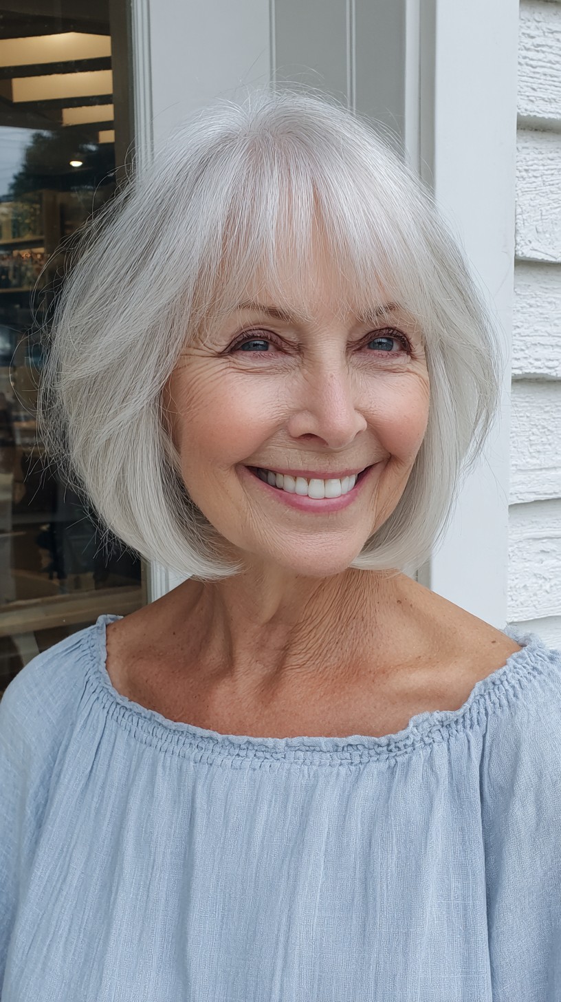 Silvery Sleek Bob with Gentle Curtain Bangs