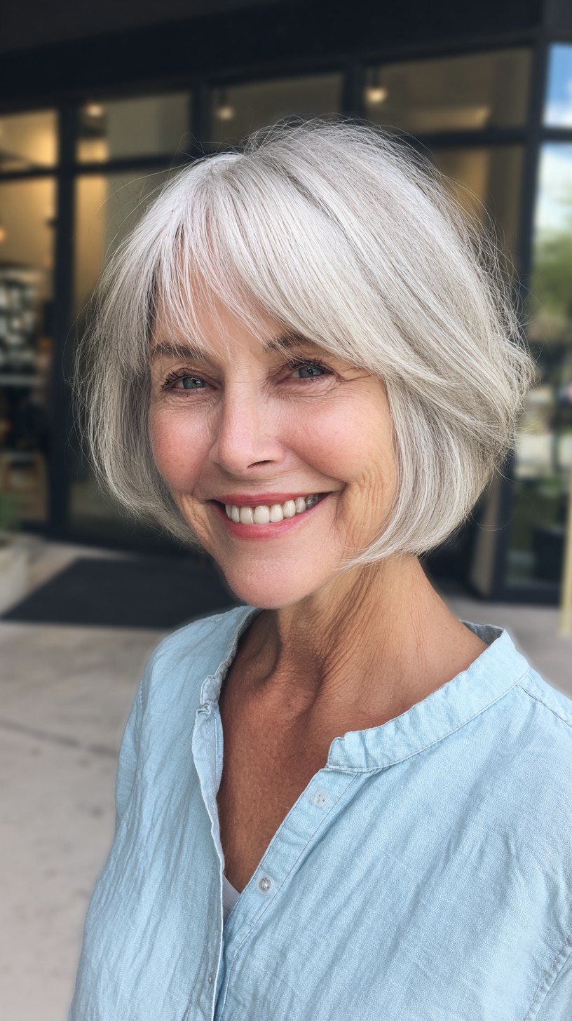 Silvery Sleek Bob with Soft Blended Bangs