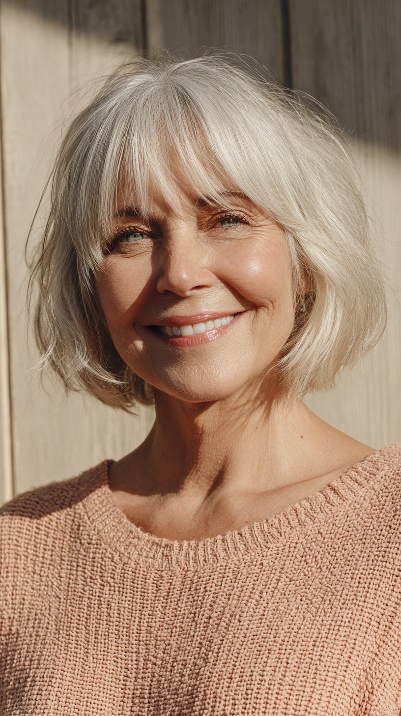 Silvery Sleek Bob with Wispy Eyebrow-Length Bangs