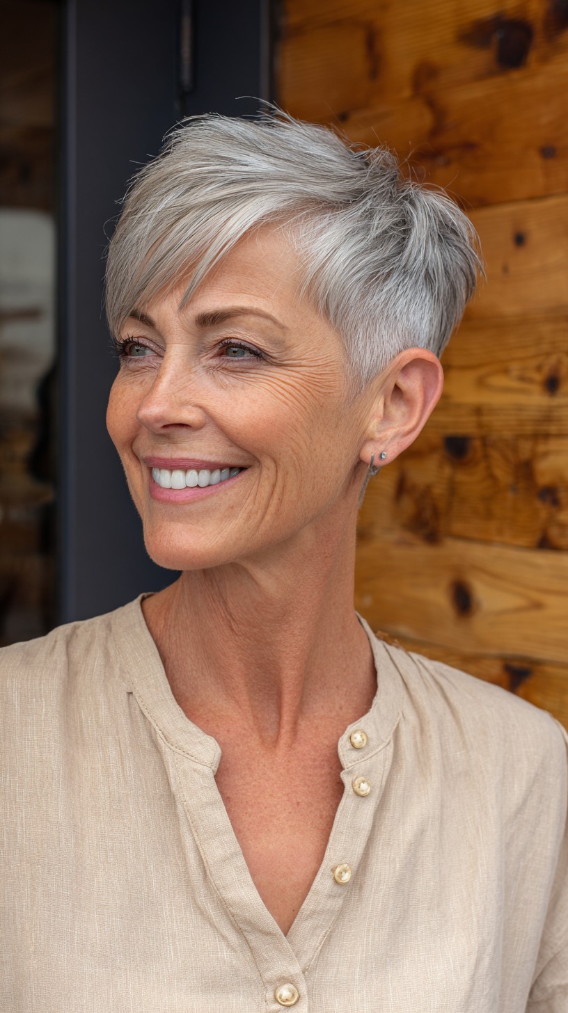 Sleek Silver Textured Pixie with Angled Bangs