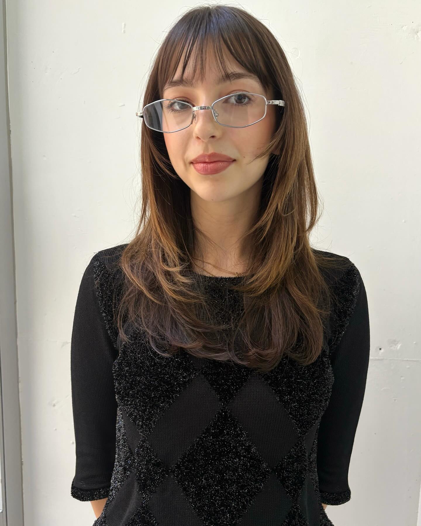 Soft Chestnut Waves with Feathered Wispy Bangs