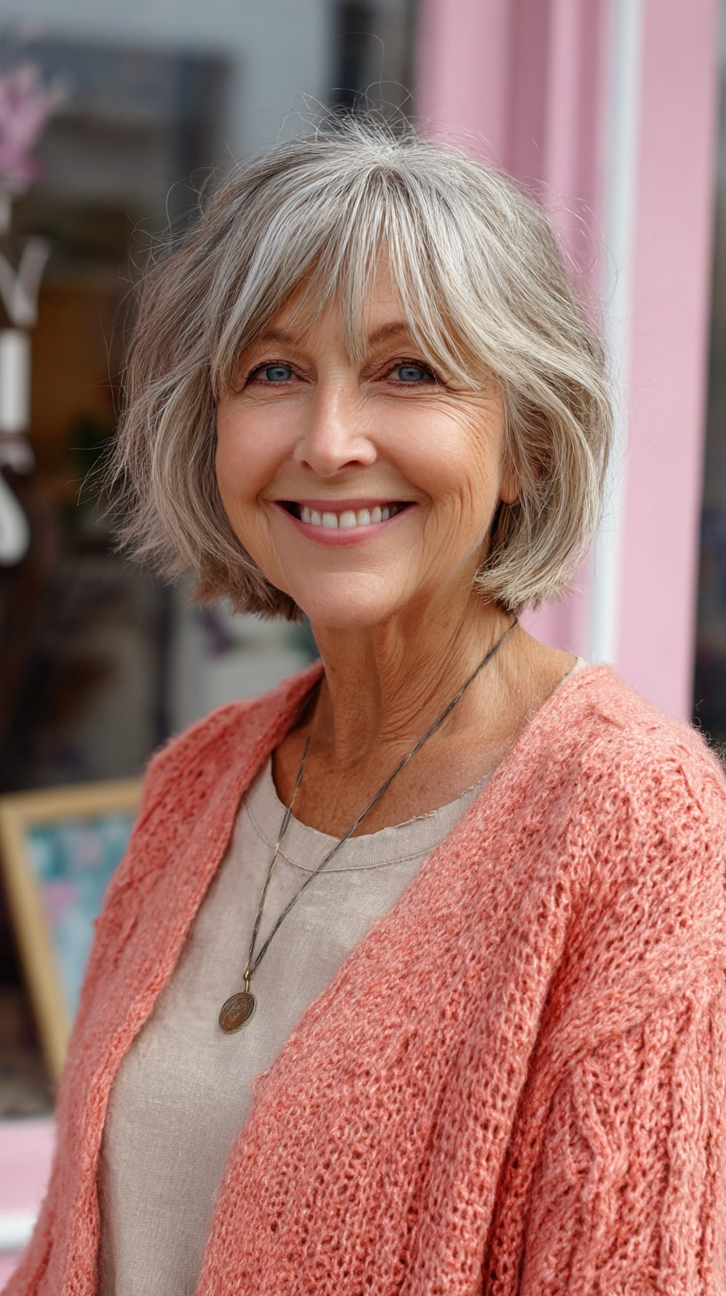 Soft Silver Textured Bob with Curtain Bangs