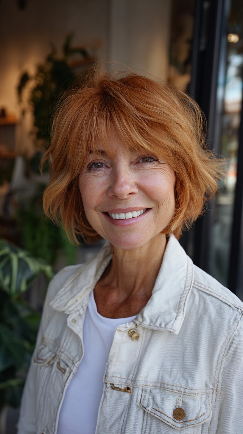 Vibrant Copper Bob with Airy Curtain Bangs