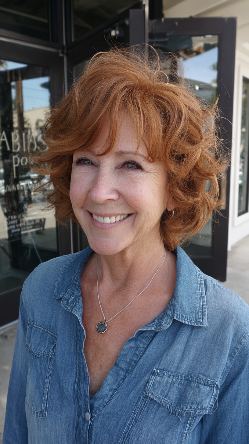 Vibrant Copper Curly Bob with Textured Waves