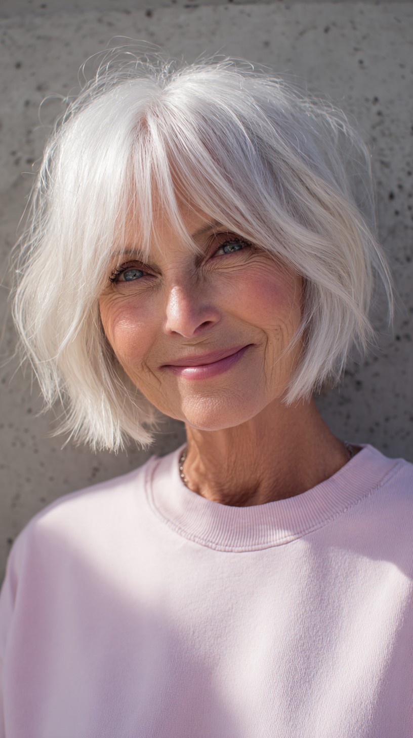 Whimsical White Bob with Flowing Curtain Bangs
