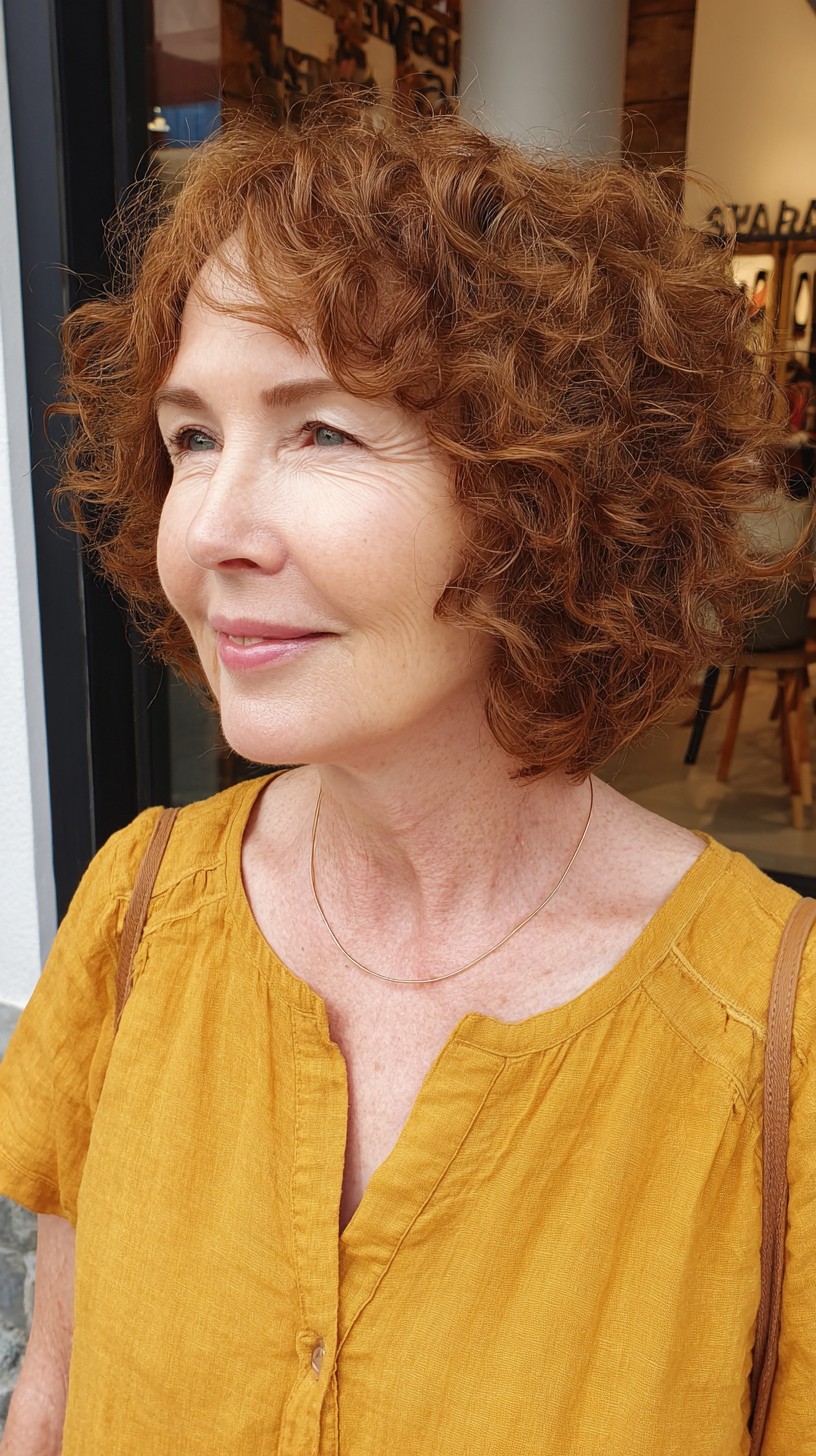 Autumn-Inspired Russet Curly Bob for Elegance at Sixty