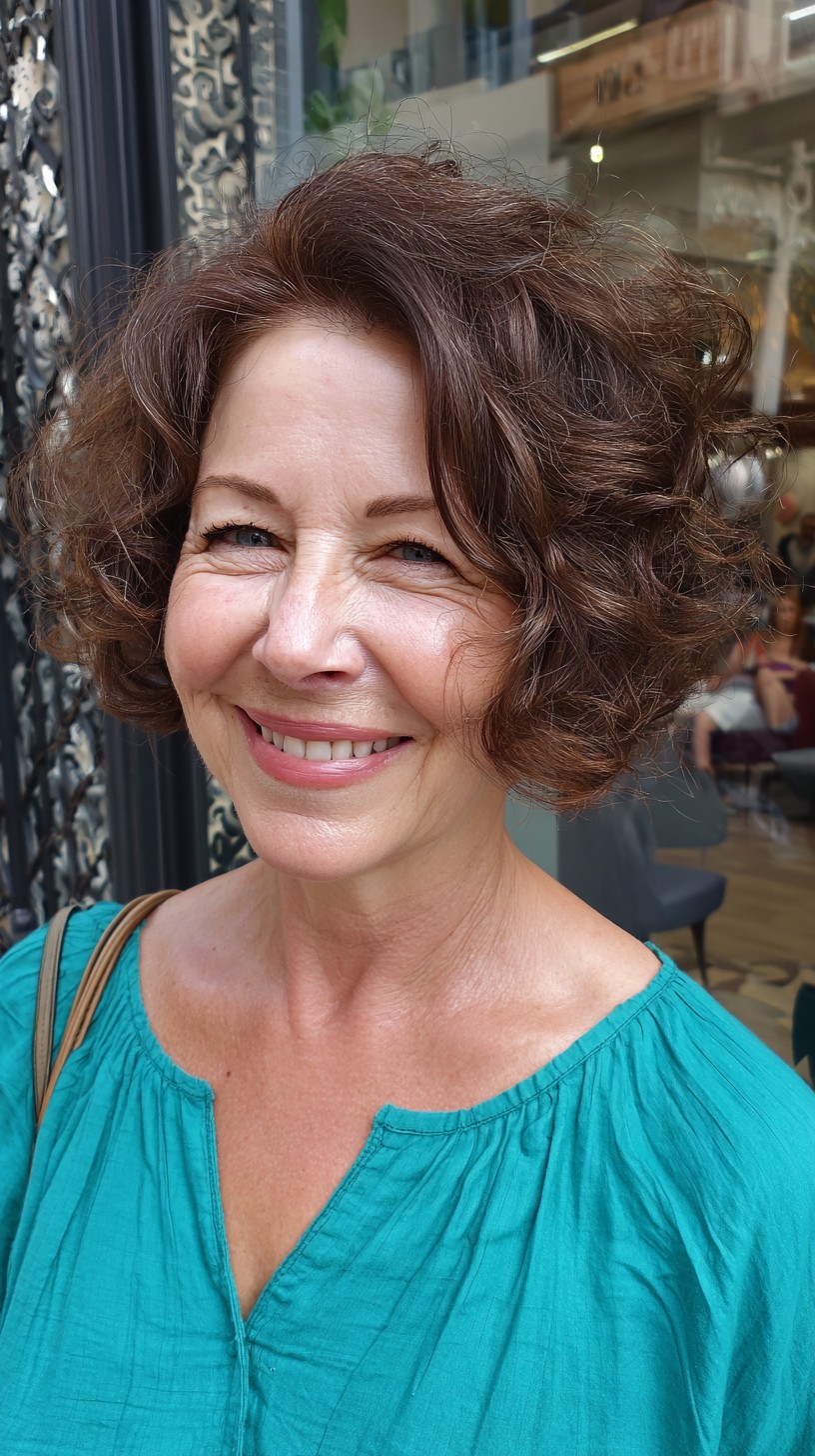 Burnished Chestnut Curly Bob with Lustrous Highlights