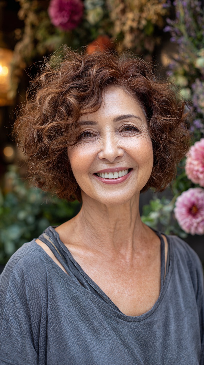 Classic Chestnut Curly Bob with Face-Framing Layers